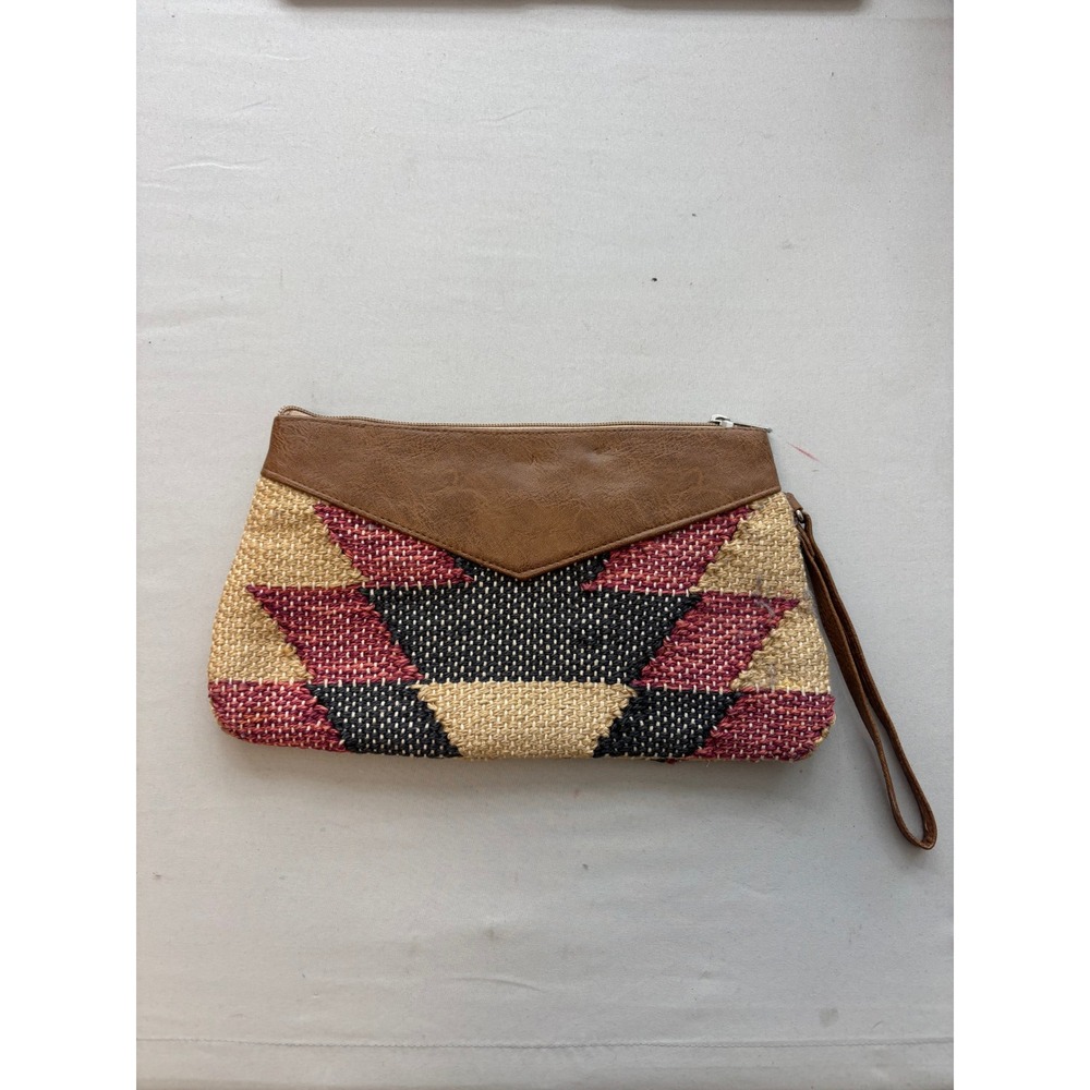 Southwestern Woven Straw Wristlet Clutch Bag Brown Faux Leather Trim Geometric
